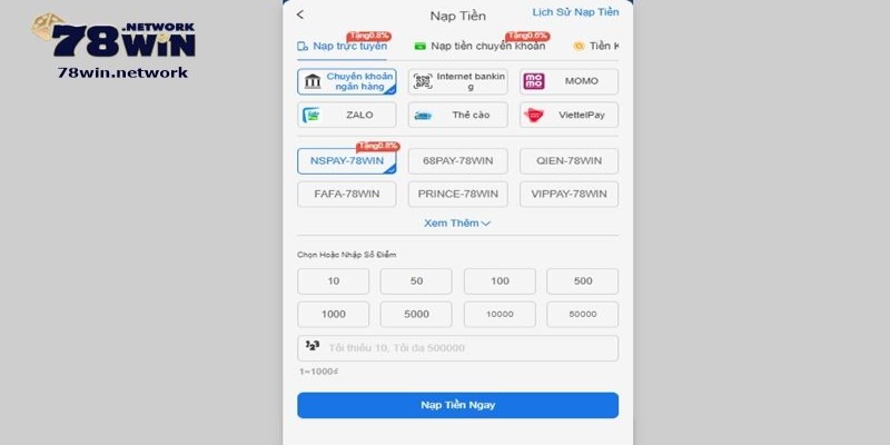 78win đang cung cấp nhiều phương thức nạp tiền để thành viên lựa chọn